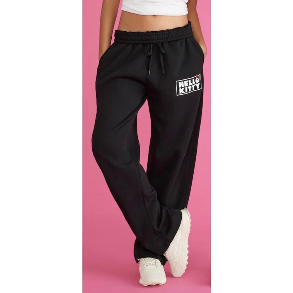 Aeropostale Hello Kitty Sweatpants Black Graphic Wide Leg Lounge Y2K